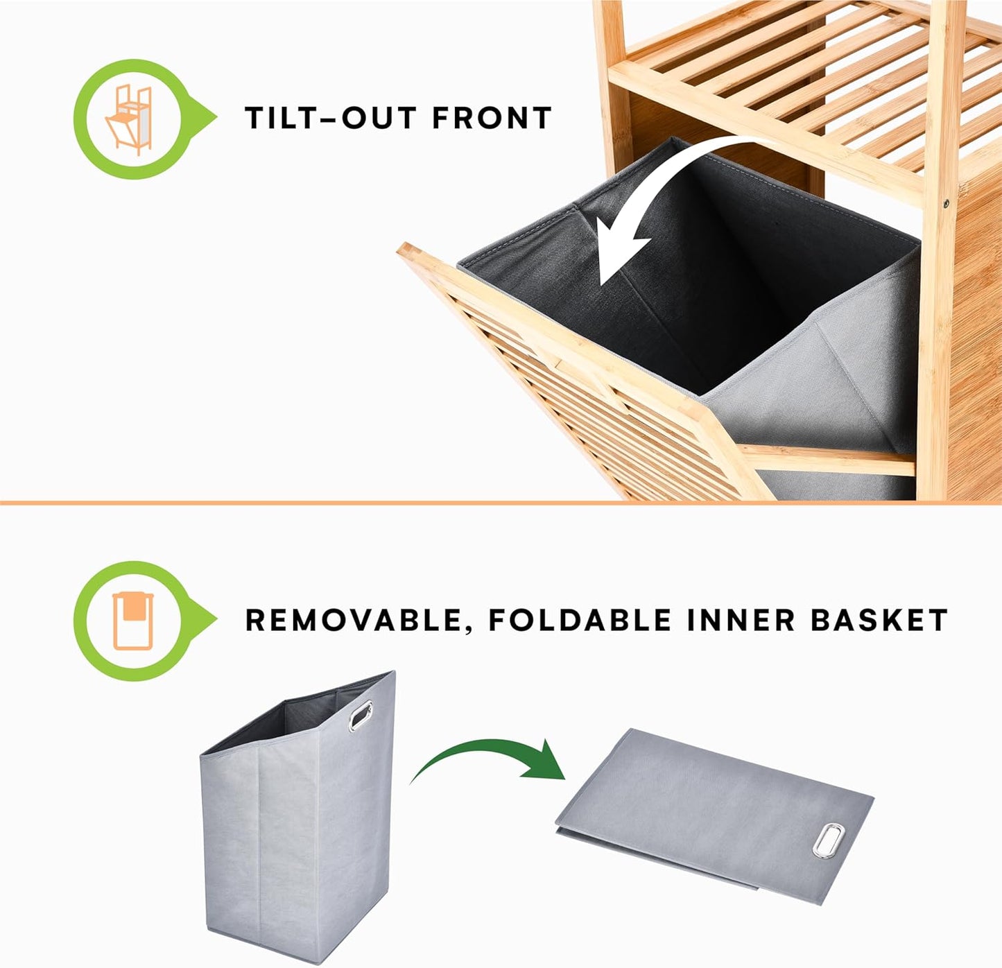 Prosumer’s Choice Bamboo Tilt-Out Laundry Hamper with 2-Tier Storage Shelves – Freestanding Clothes Hamper with Removable Liner, Space-Saving Design for Bathroom or Bedroom – 15.5”L x 11.8”W x 37.4”H - NestledHome