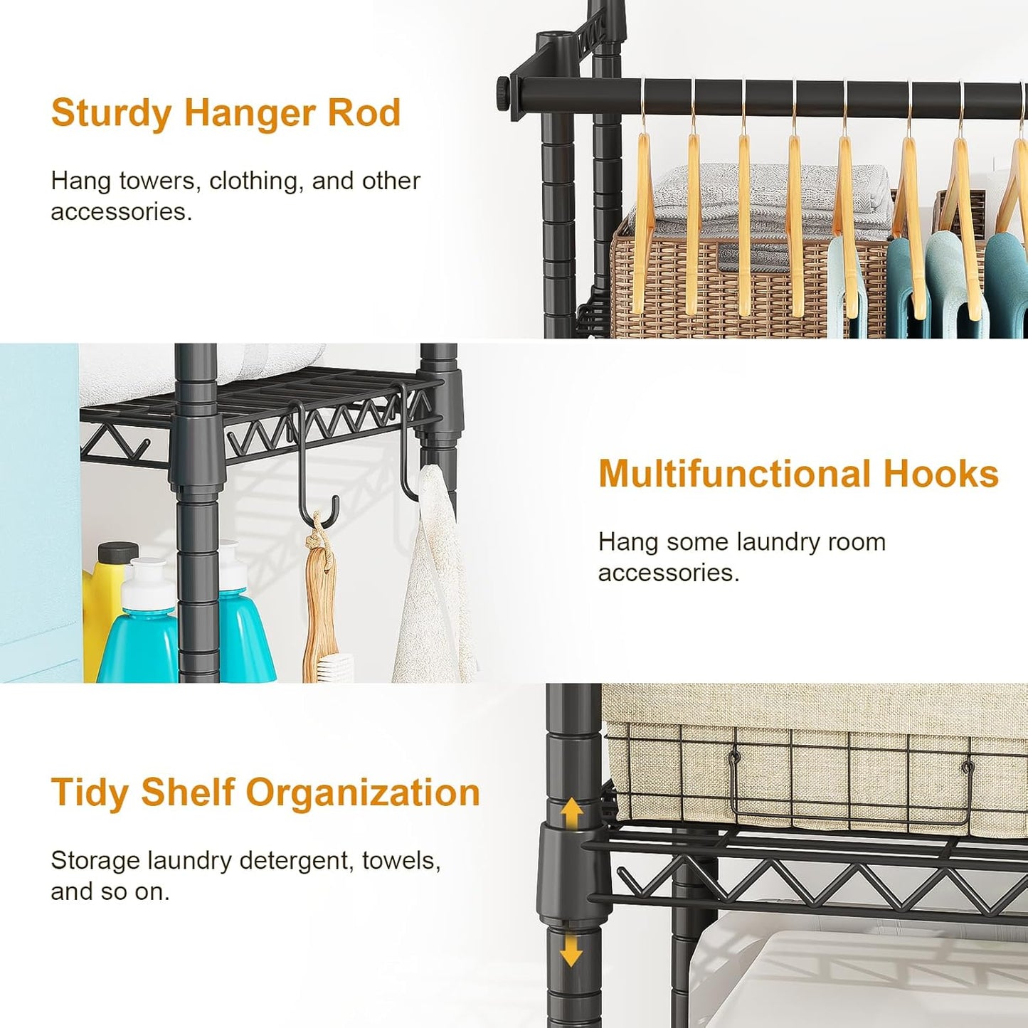 U14 Over Washer and Dryer Storage Shelves, 4 Tiers Laundry Room Storage and Organizer System, Space Saving Clothes Drying Rack with 2 Clothes Hanger Rods, 66.5" W x 20.5" D x 77.4" H, Black - NestledHome