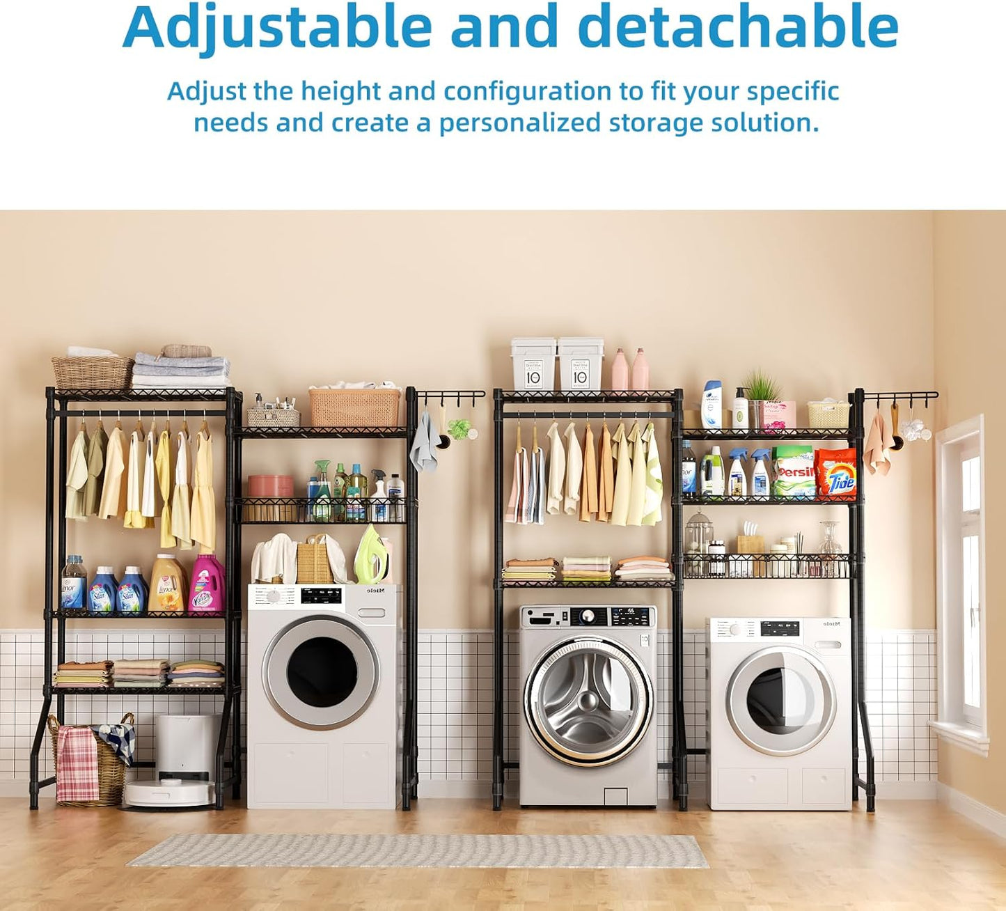 Over Washer and Dryer Shelves,Heavy Duty Laundry Room Storage Organization Clothes Drying Rack,5 Tier Adjustable Height Wire Shelving and Wire Basket with Hanger Rod&Hook,Space Saving Shelf - NestledHome