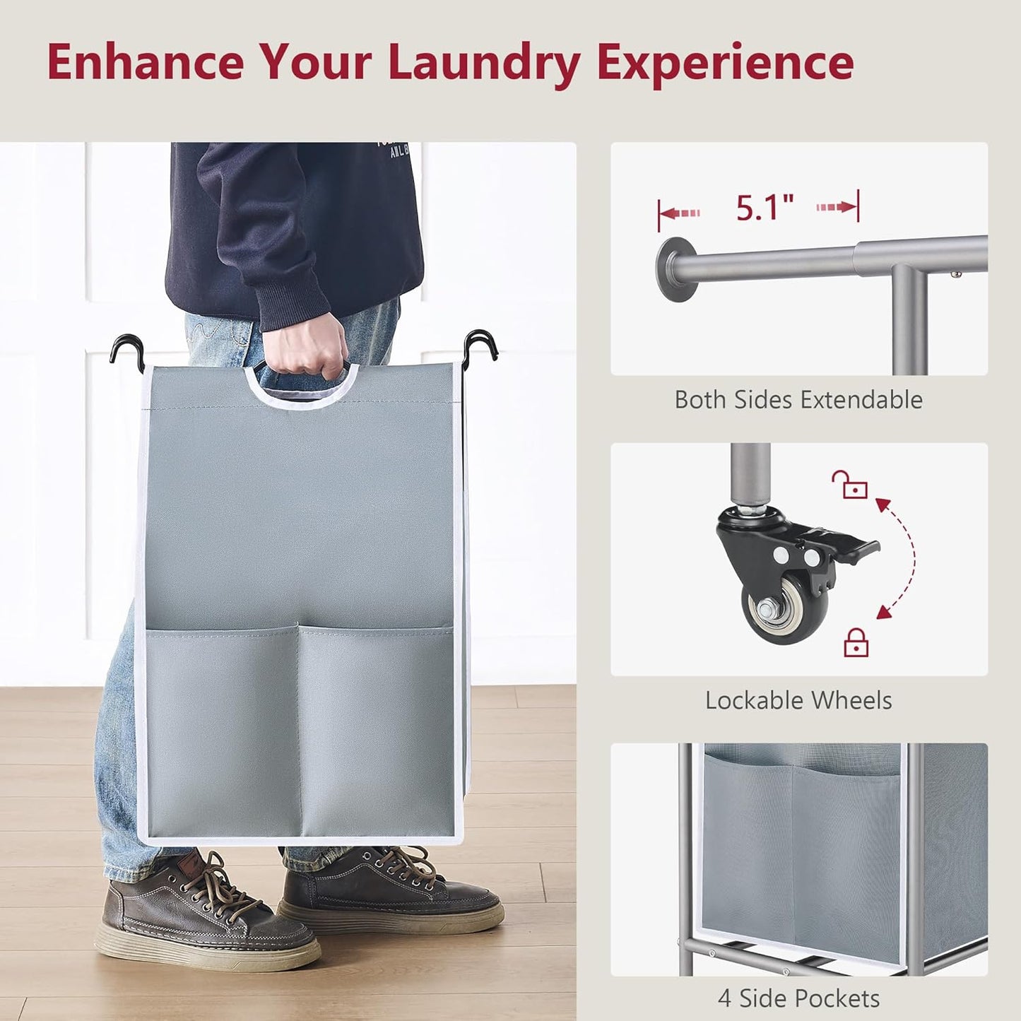 Tajsoon Laundry Sorter with Hanging Bar, 3 Section Rolling Laundry Hamper with Heavy Duty Lockable Wheels, Laundry Basket with Hanging Rack for Bedroom, 3 Gray - NestledHome