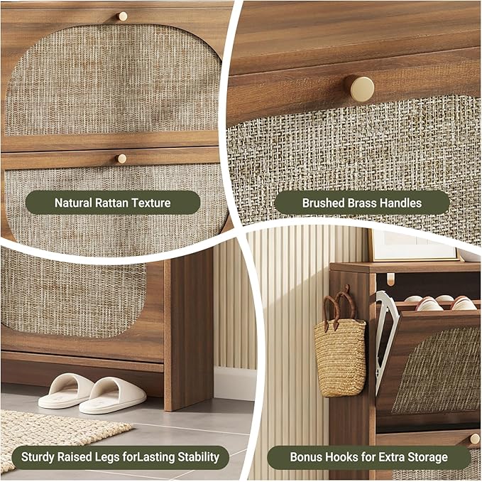 Nicetree Rattan Arched Accent Shoe Storage Cabinet - Freestanding Ultra Slim for Entryway, 4 Flip Drawers & 3-Tier Adjustable Shelves, Farmhouse Modern Rustic Shoe Rack for Hallway, Foyer, Living Room