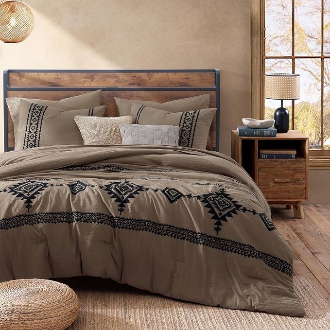 MaiRêve Embroidery King Size Comforter Set Taupe Grey, Boho Farmhouse Western Bedding Set 7 Pieces, All Season Bed in A Bag Comforter Set with Sheets, Pillowcases & Shams