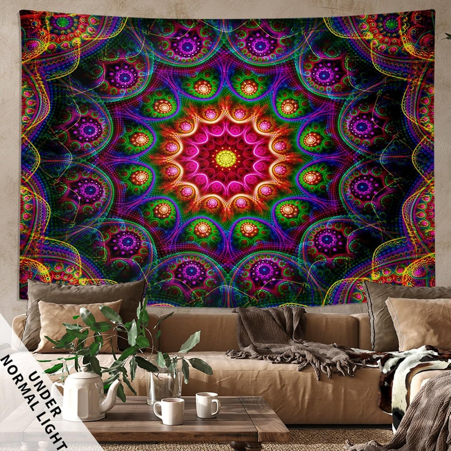 Blacklight Trippy Mandala Tapestry, Boho Black Light Posters for Adults UV Reactive Room Decor for Bedroom Wall (80 x 60 Inches)