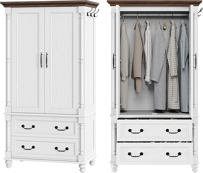 LIKIMIO Farmhouse Armoire Wardrobe Closet with 2 Doors and 2 Drawers, 70" H x 36" W, Large Bedroom Armoire with Roman Column and 3 Hanging Hooks, Wooden Freestanding Closet Cabinet, White