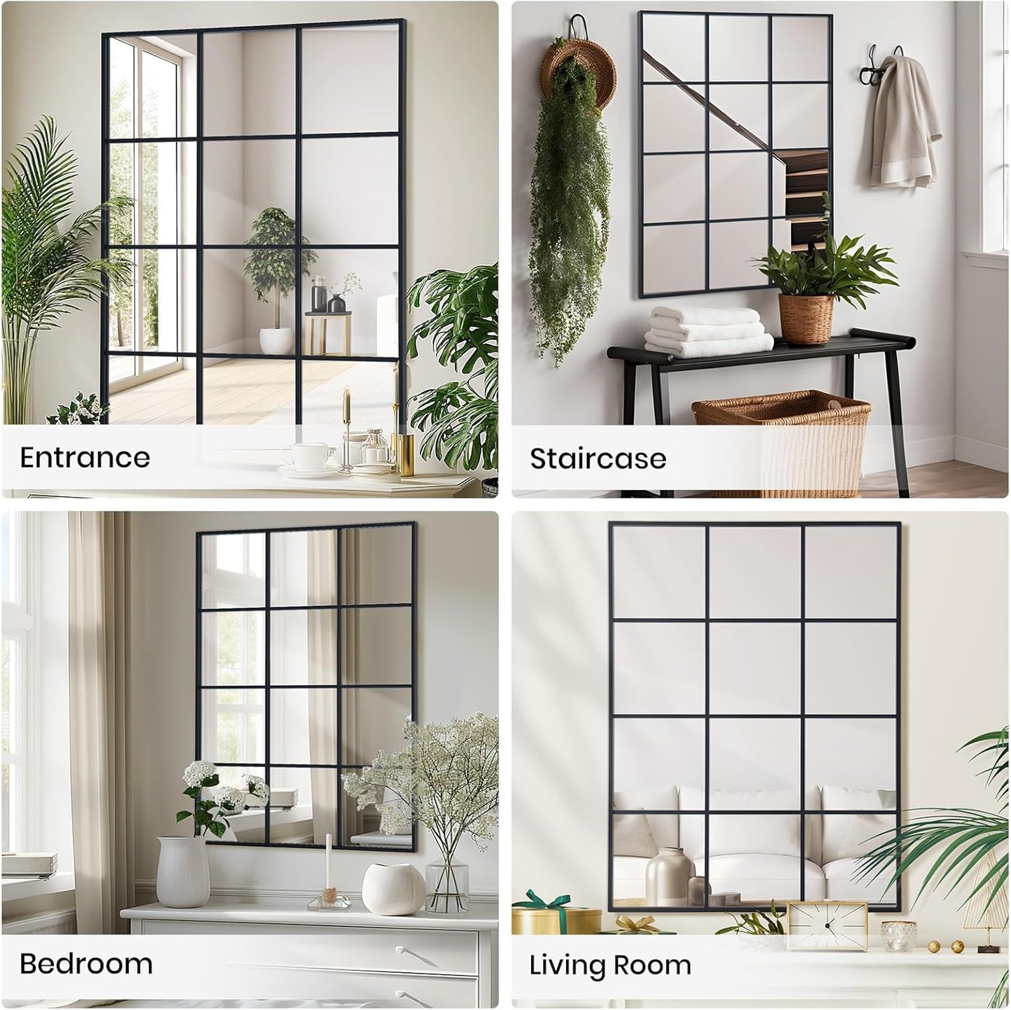 Windowpane Wall Mirror 30"x40" Black Wall Mounted Art Pane Mirror Farmhouse Decorative Mirror Leaning Hanging Wall Mirror for Bedroom Living Room Entryway Hallway Wall Decor