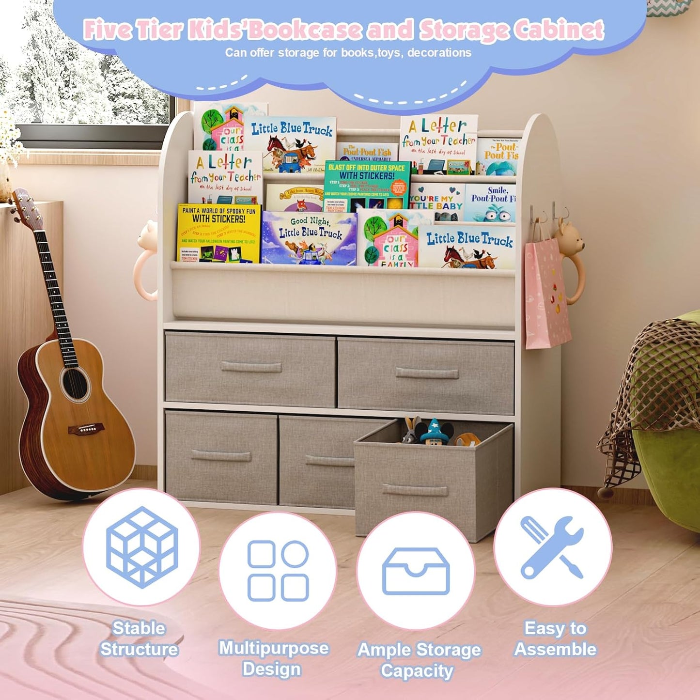 NACHES Kids Bookshelf and Toy Storage Bins, Children Bookcase Toddler Book Display Cabinet with 5 Toy Organizer Boxes for Playroom,Reading Room,Toddler Room,Nursery,Classroom - NestledHome