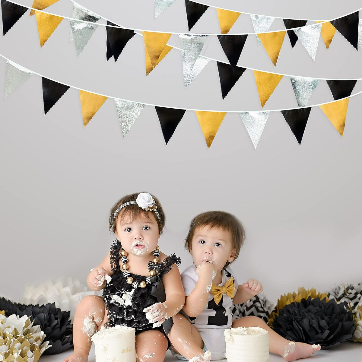 Black Gold Silver Party Decoration Triangle Pennant Banner Flag Metallic Fabric Bunting Garland for Birthday Graduation Anniversary Wedding Bridal Shower Bachelorette Engagement Disco Party Supplies - NestledHome