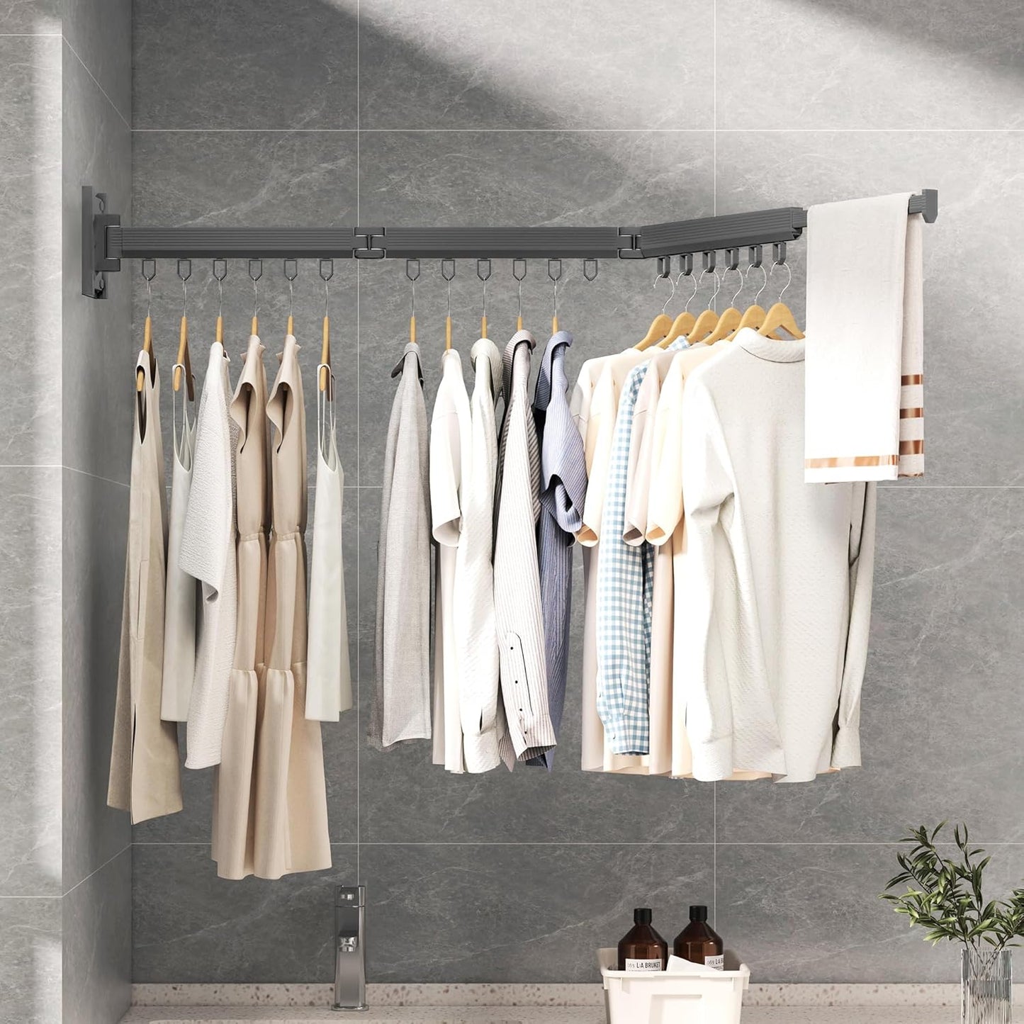 Grey Color Laundry Rack - Wall Mounted, Collapsible Clothes Drying Rack With Loop-type Hooks - NestledHome