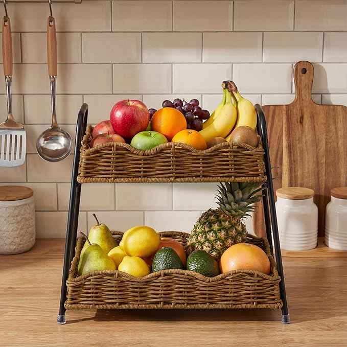 Geelin 2 Tier Stackable Cabinet Organizer Shelves 12.8" x 8.7" x 12" Kitchen Counter Shelves Natural Rattan Scalloped Wicker Basket Boho Spice Rack for Kitchen Bathroom Laundry Living Room Decoration