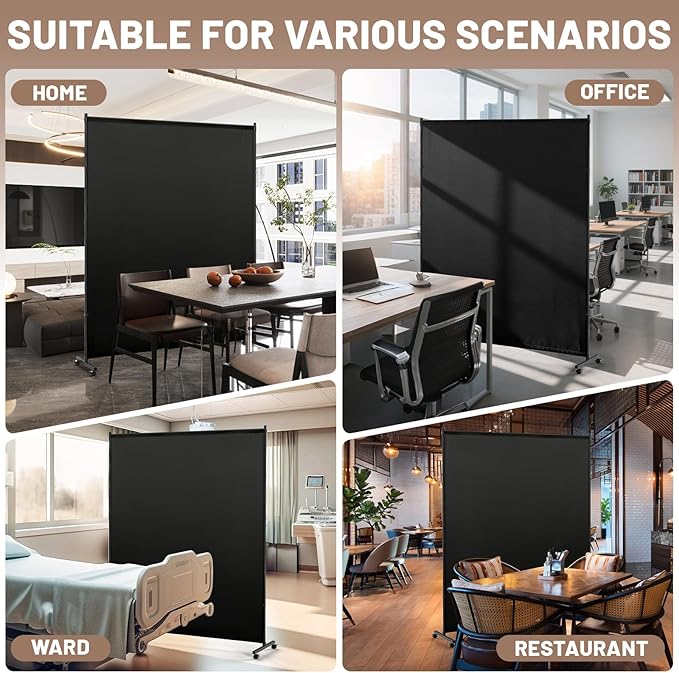 Single Panel Room Divider/Privacy Screen with Caster Wheels and Brakes - Stylish and Versatile Partition for Home,Office,School and Restauran (Black, 5FT*6FT)