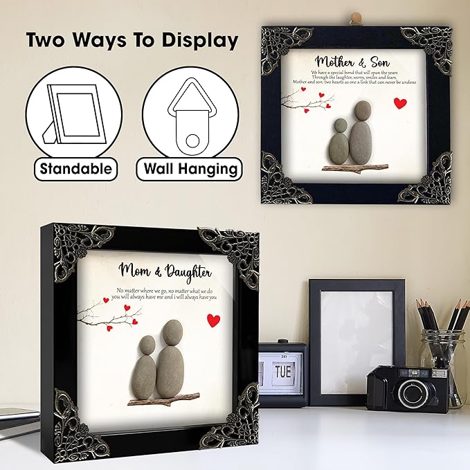 Mothers Day Mom Gifts from Daughters – 4.7" Pebble Art Frame Mothers Day Plaque, Engraved Mom Keychain, Card – Birthday Gift Set for Moms, Mother, Mama from Daughter Son, Best Mum Ever Keepsake S15-47