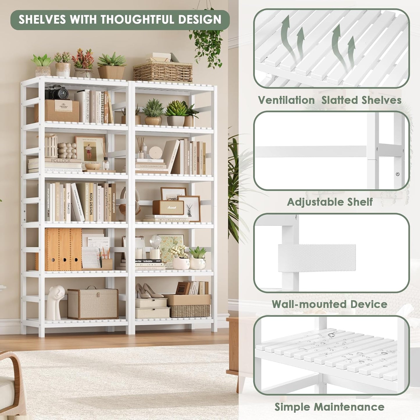 FOTOSOK 6-Tier Bamboo Shelf, Bamboo Bookcase with Adjustable Shelves, Free Standing Storage Shelf Unit, Plant Flower Stand for Bathroom, Kitchen, Home Office, White - NestledHome