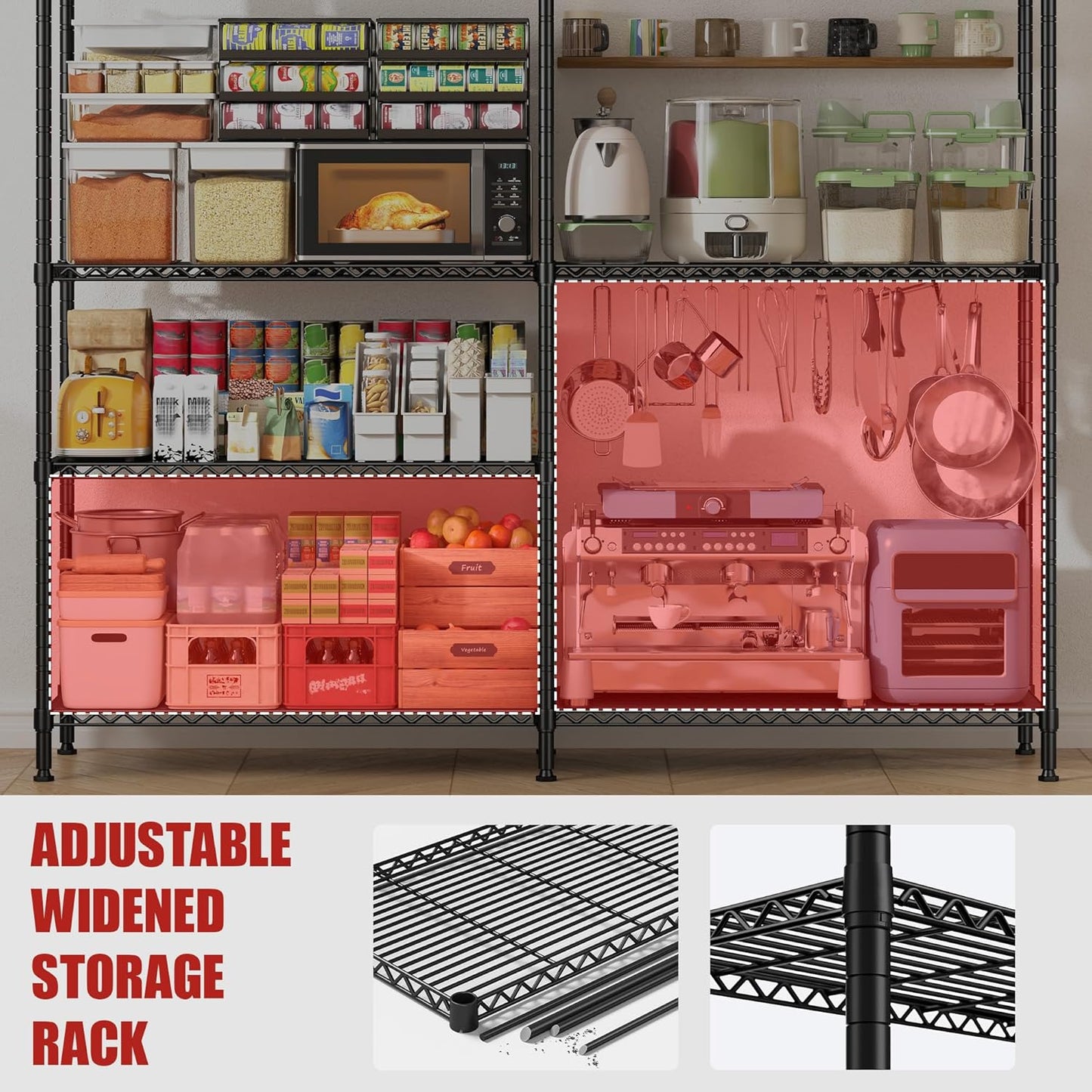 REIBII 61.7''W Storage Shelves Load 1220LBS Wire Shelving Unit 4 Tier Metal Shelving for Storage Rack Shelves Heavy Duty Garage Shelf Pantry Shelves Kitchen Shelving, 61.7" W*62.9" H*15.8" D, Black - NestledHome