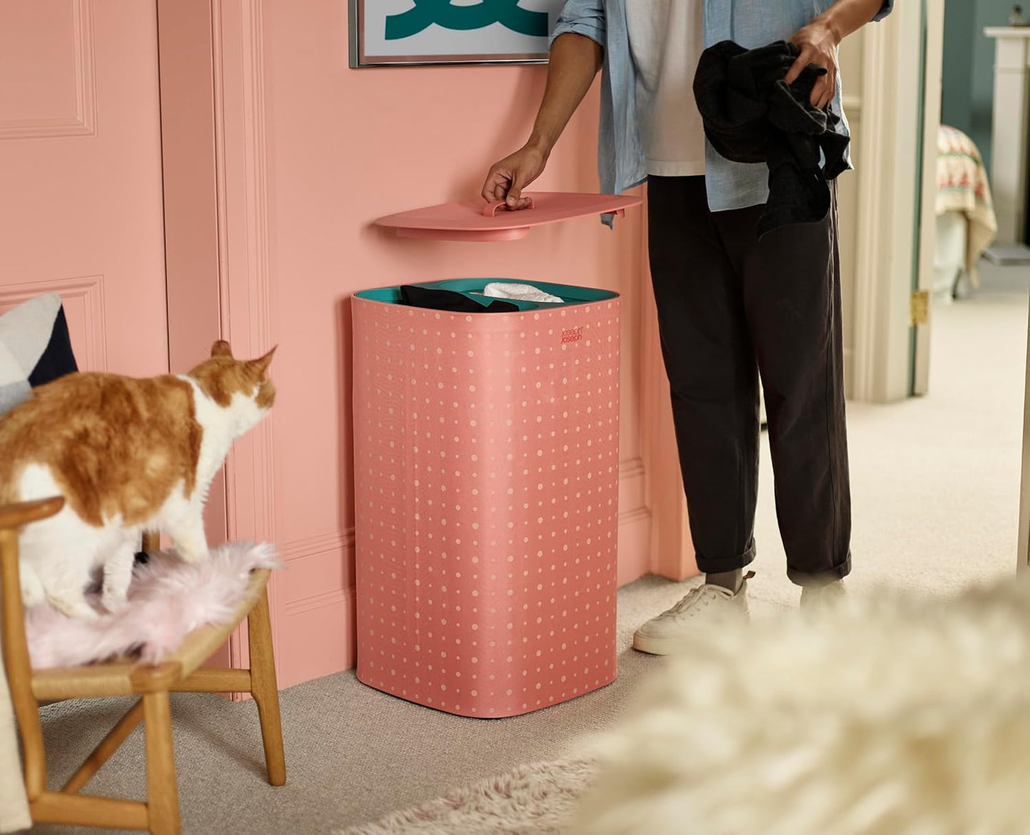 Joseph Joseph Tota Pop 60 liter/15.8 gallon Laundry Hamper Separation Basket with lid, 2 Removable Washing Bags with Handles- Coral/Green - NestledHome