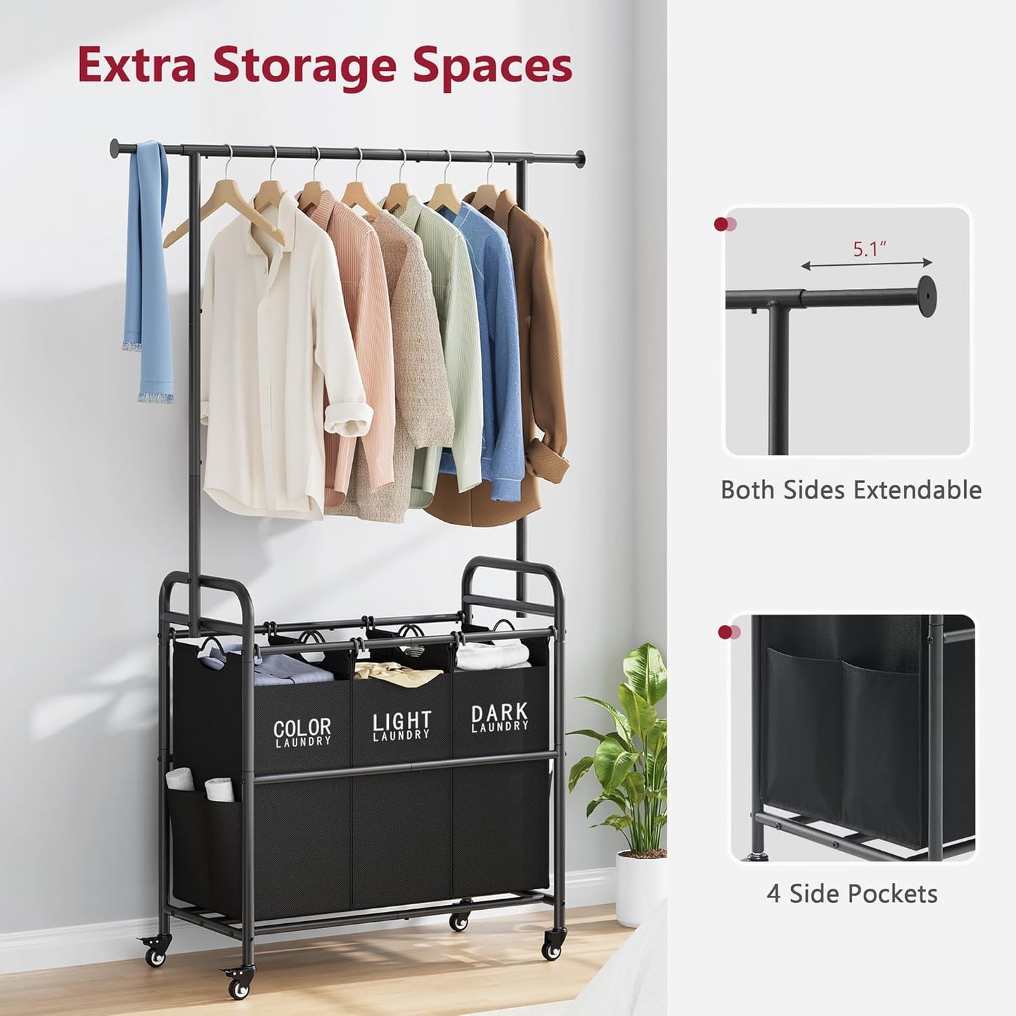 Tajsoon Laundry Sorter Cart with Hanging Rack, Laundry Sorter 3 Section, Laundry Hamper with Heavy Duty Rolling Lockable Wheels, Black - NestledHome