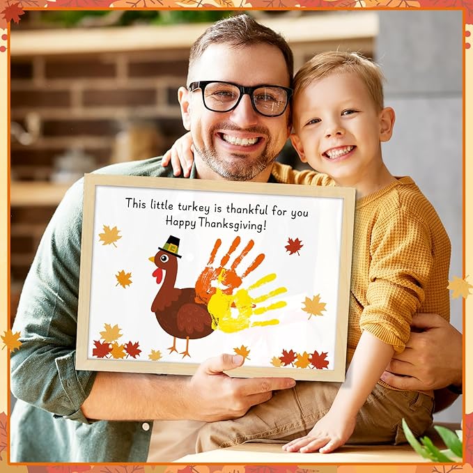 Thanksgiving Turkey Handprint Art Craft DIY Kit Happy Thanksgiving DIY Gifts Fall Thankful Little Turkey Family Handprint Art Keepsake with Wood Frame for Mom Dad Friend Holiday Activities 12x16 Inch