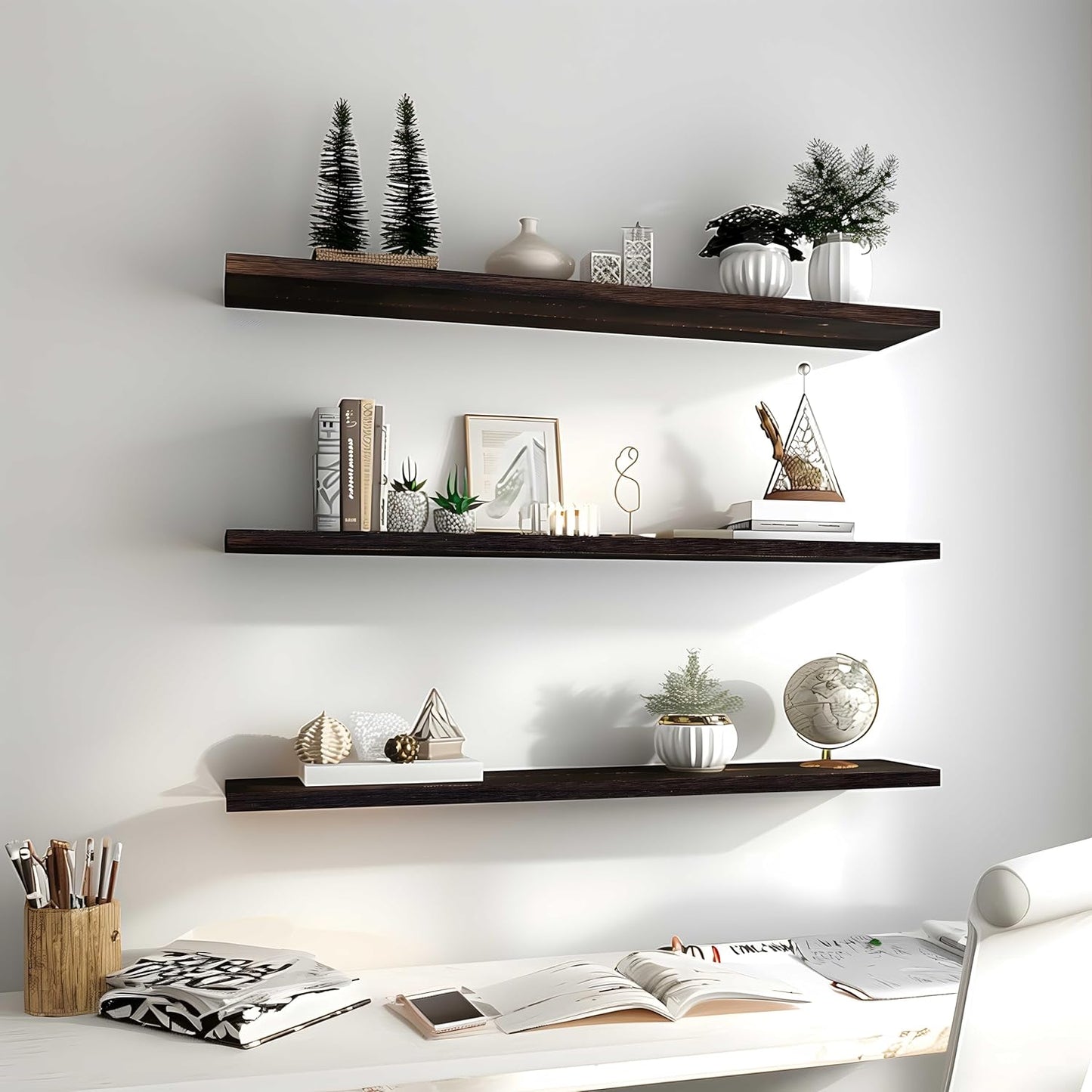 Wood Floating Shelves for Wall Decor, Rustic Wall Shelves for Bedroom Bathroom Kitchen Living Room, Set of 4 Walnut 36 Inch - NestledHome
