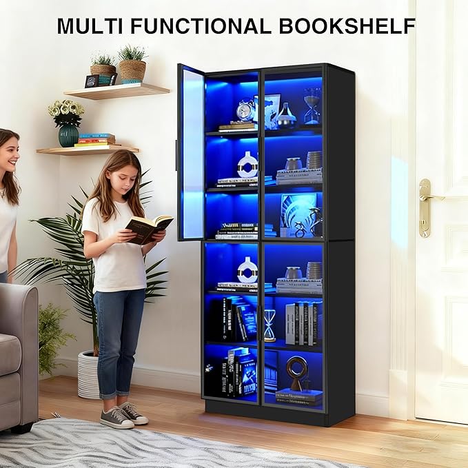 Black Display Cabinet,78 Inch High Bookshelf, Multi-Color LED Ambient Lighting, 6-Story Large Storage Space, Transparent Tempered Glass Door, Suitable for Bedrooms, Living Rooms, Offices