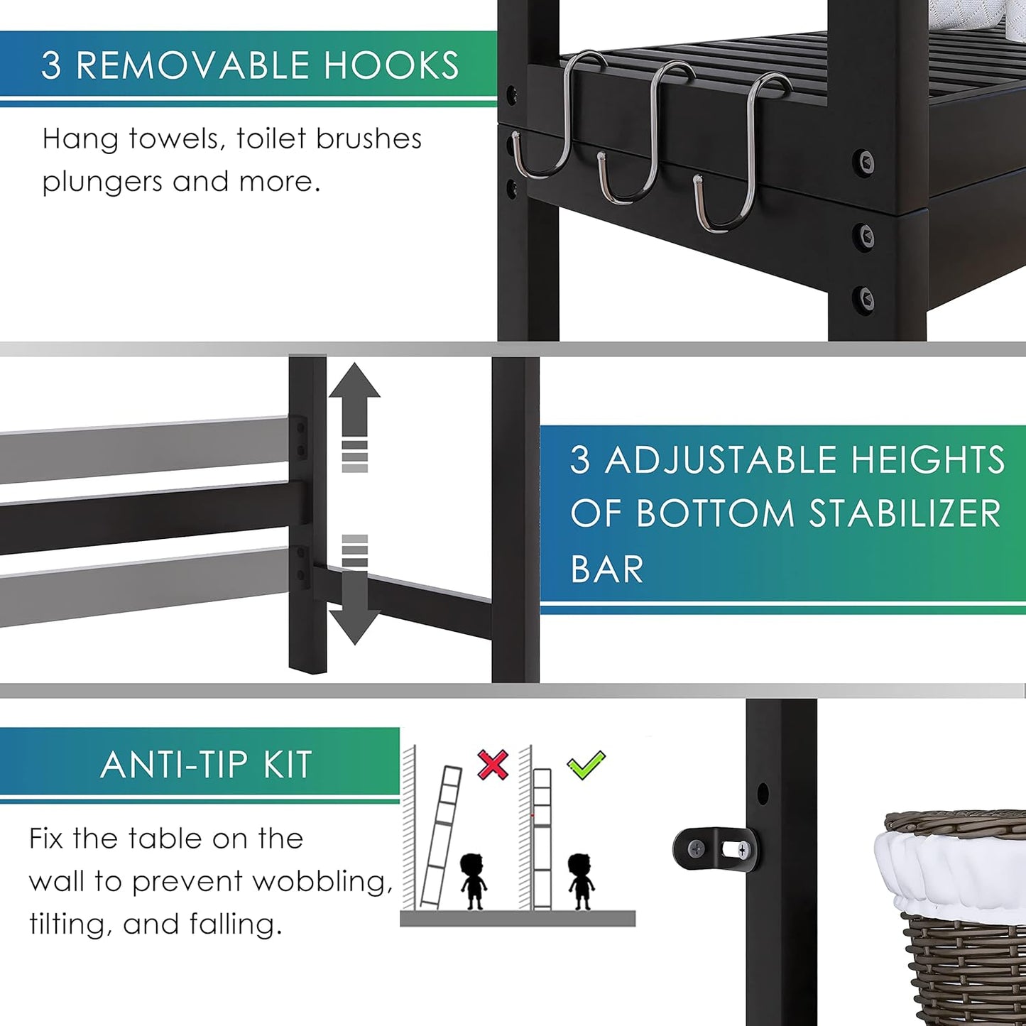 SMIBUY Bathroom Storage Shelf, Bamboo Over-The-Toilet Organizer Rack, Freestanding Toilet Space Saver with 3-Tier Adjustable Shelves (Black) - NestledHome
