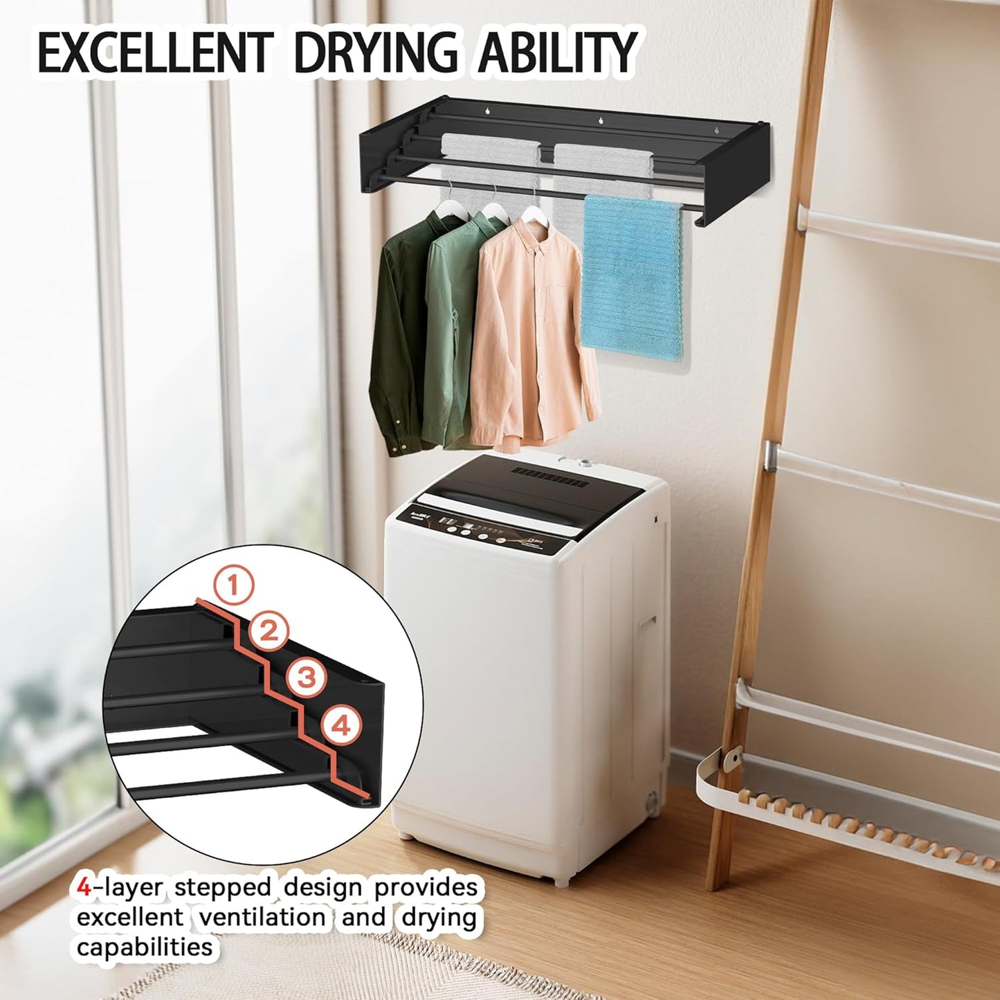FOCHIER F Laundry Drying Rack Wall Mounted Clothes Drying Rack Collapsible with 5 Aluminum Rods and Drilling Template Long Screwdriver Bit 60 lbs Capacity (Black, 23.6“) - NestledHome