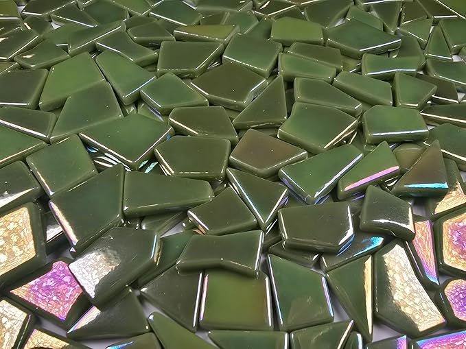 Irregular Glass Mosaic Tiles Bulk 500g Glossy and Iridescent Mosaic Glass Tiles for DIY Projects and Arts and Crafts Solid Colors and Mixes (Iridescent Olive Green)
