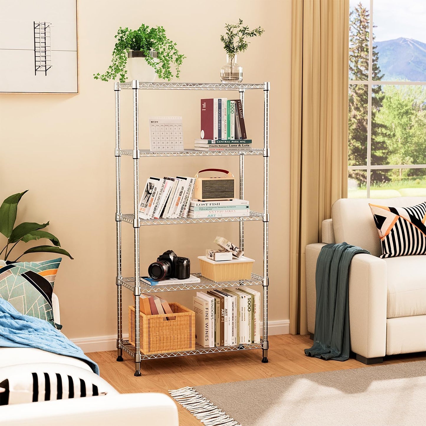 MZG 1750 lbs 5 Tier Storage Rack Metal Wire Shelving Unit, Storage Standing Household Shelf Organizer for Kitchen Pantry Closet Garage Basement Utility Room, Chrome 15.8" D x 45.3" W x 70.4" H - NestledHome