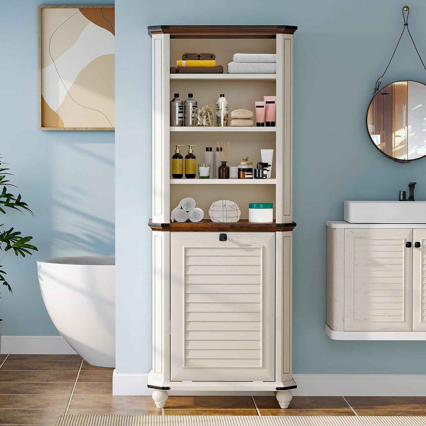 DWVO Tilt Out Laundry Hamper, Farmhouse 4-Tier Storage Cabinet with Removable Laundry Basket, Laundry Hamper Organizer with 2 Adjustable Shelves for Laundry Room, Bathroom, White - NestledHome