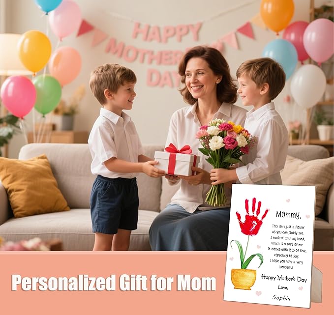 rorusio Mommy Handprint Poem, Happy Mothers Day Sign with Stand and Hook with Stand and Hook - 9x12 Inch, Mothers Day Crafts Handprint Keepsake, Personalized Gifts for Mom from Daughter & Son