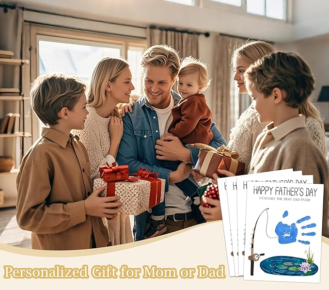 NZSXU I Caught The Best Dad Ever Handprint Craft DIY Kit, 10 Bulk Fathers Day Cards, 8.5x11 DIY Handprint Keepsake Art for Classroom Family Activity, Personalized Gifts for Dad from Daughter & Son