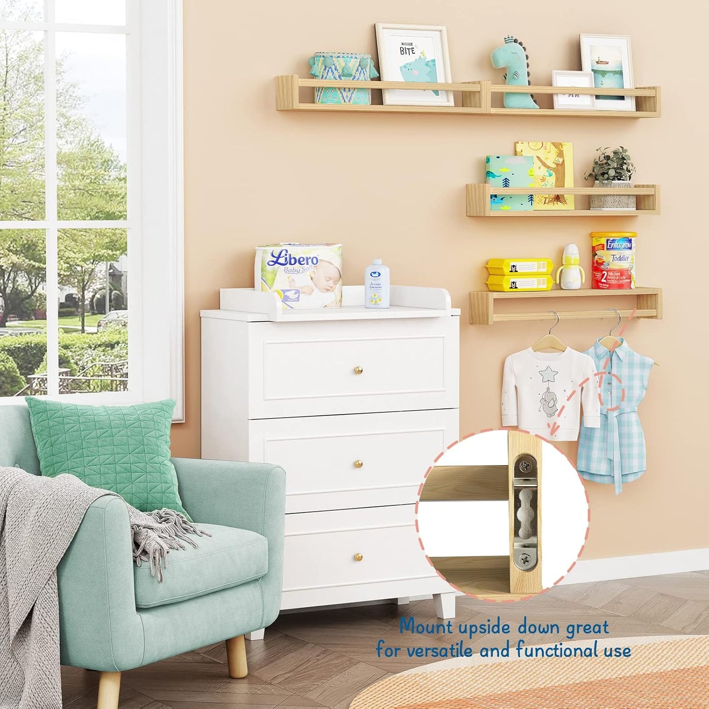 Forbena Natural Wood Nursery Bookshelves for Wall, 24 Inches Long Floating Book Shelves, Wall Mounted Bookcase for Baby Teen Girl Boy Kids Room Bedroom, Playroom Organizer, Bathroom Decor (4-Pack)
