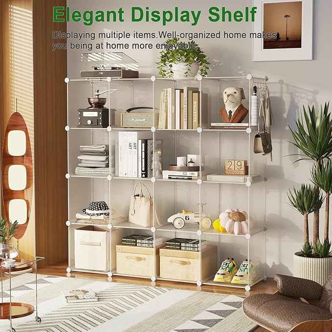 C&AHOME Cube Storage Organizer, 16-Cube Shelves Units, Plastic Storage Cubes, DIY Closet Organizer, Modular Closet Storage Shelf Ideal for Home, 48.4" L × 12.4" W × 48.4" H Transparent Twill UPCS16T