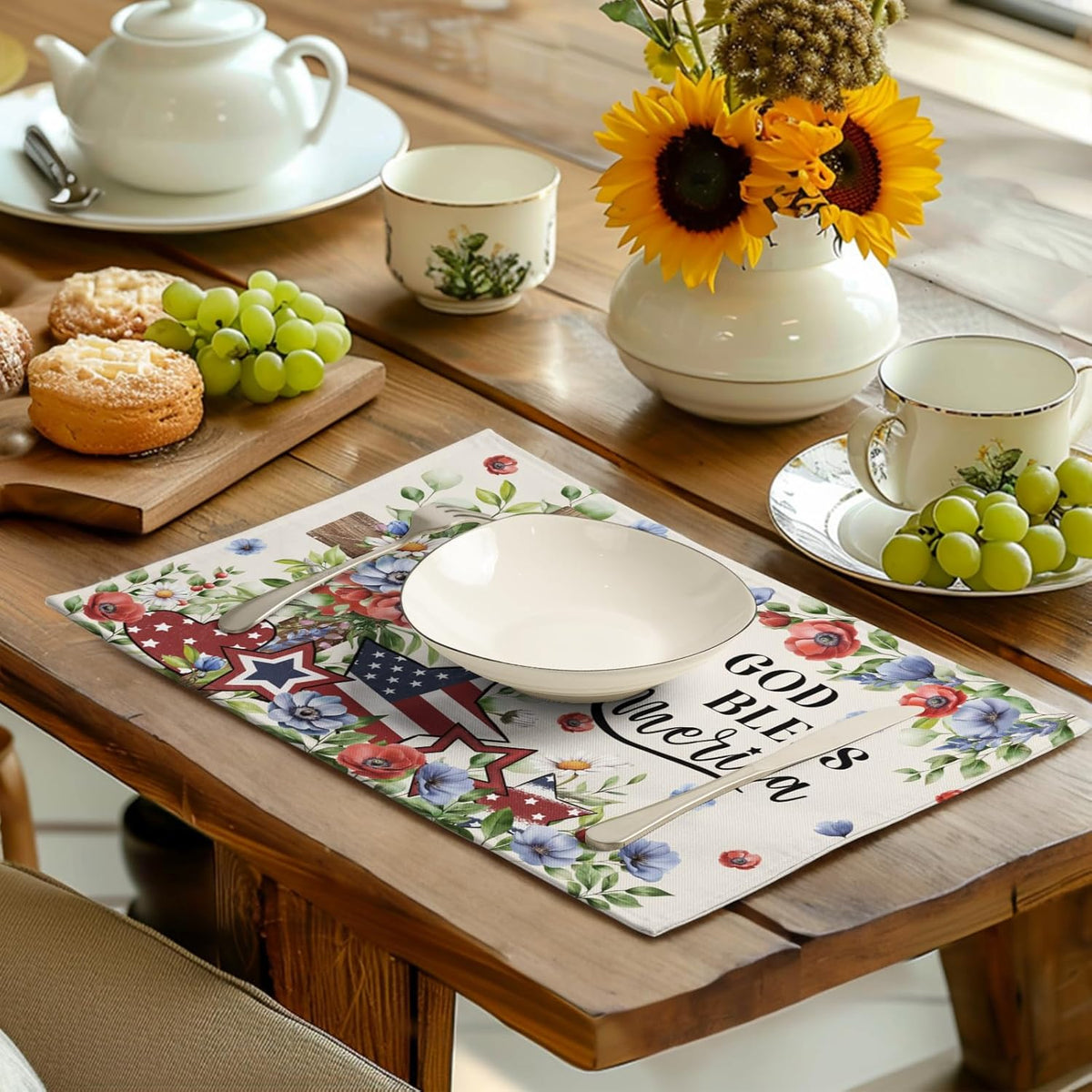 4th of July Placemats Set of 4 Patriotic Floral Cross Stars Independence Memorial Day Place Mats 12x18 Inch God Bless America Linen Fabric Table Mats for Party Kitchen Dining Decoration