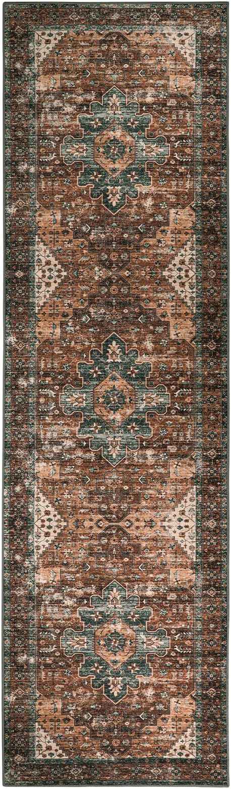 Moynesa Ultra-Thin Washable Runner Rug - 2x7 Kitchen Runner Stain Resistant Hallway Mat, Non-Slip Non-Shedding Bathroom Laundry Carpet Runner for Front Door Bedside Camper, Brick Red/Dull Teal