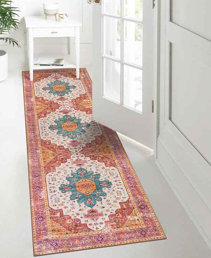 Moynesa Ultra-Thin Washable Runner Rug - 2'6"x8' Pink Runners for Hallways, Boho Non-Slip Bedroom Rug Runner, Vintage Oriental Medallion Kitchen Carpet Runner for Home Entrance Decor
