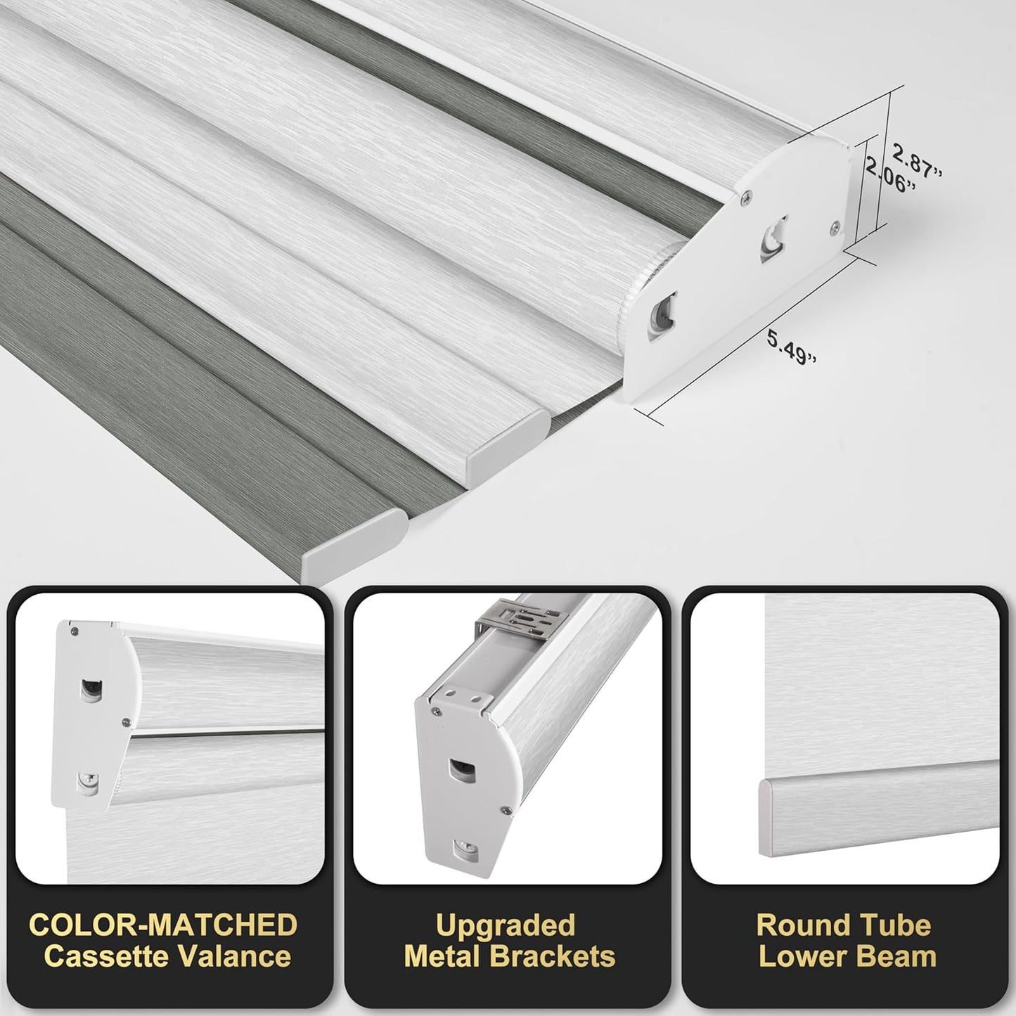 BERISSA Cordless Dual Roller Shades with Cassette Valance, Double Window Shades - Blackout and Light Filtering, Day and Night for Home Office Door - Grey and White - 34 W x 72" H