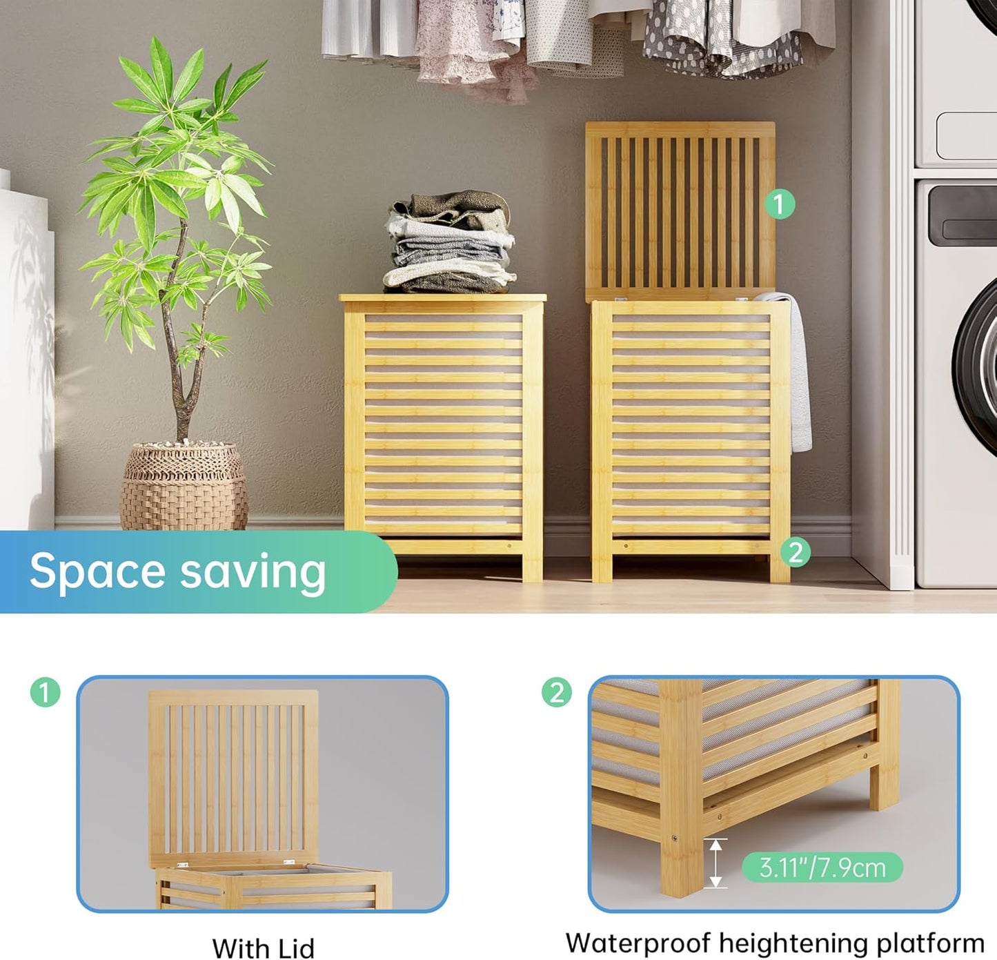 SMIBUY Double Laundry Hamper with Lid, 120L Bamboo Laundry Basket with Removable Liner Bag, 2-Section Clothes Divider Laundry Sorter for Laundry Room, Bathroom, Bedroom (Natural) - NestledHome