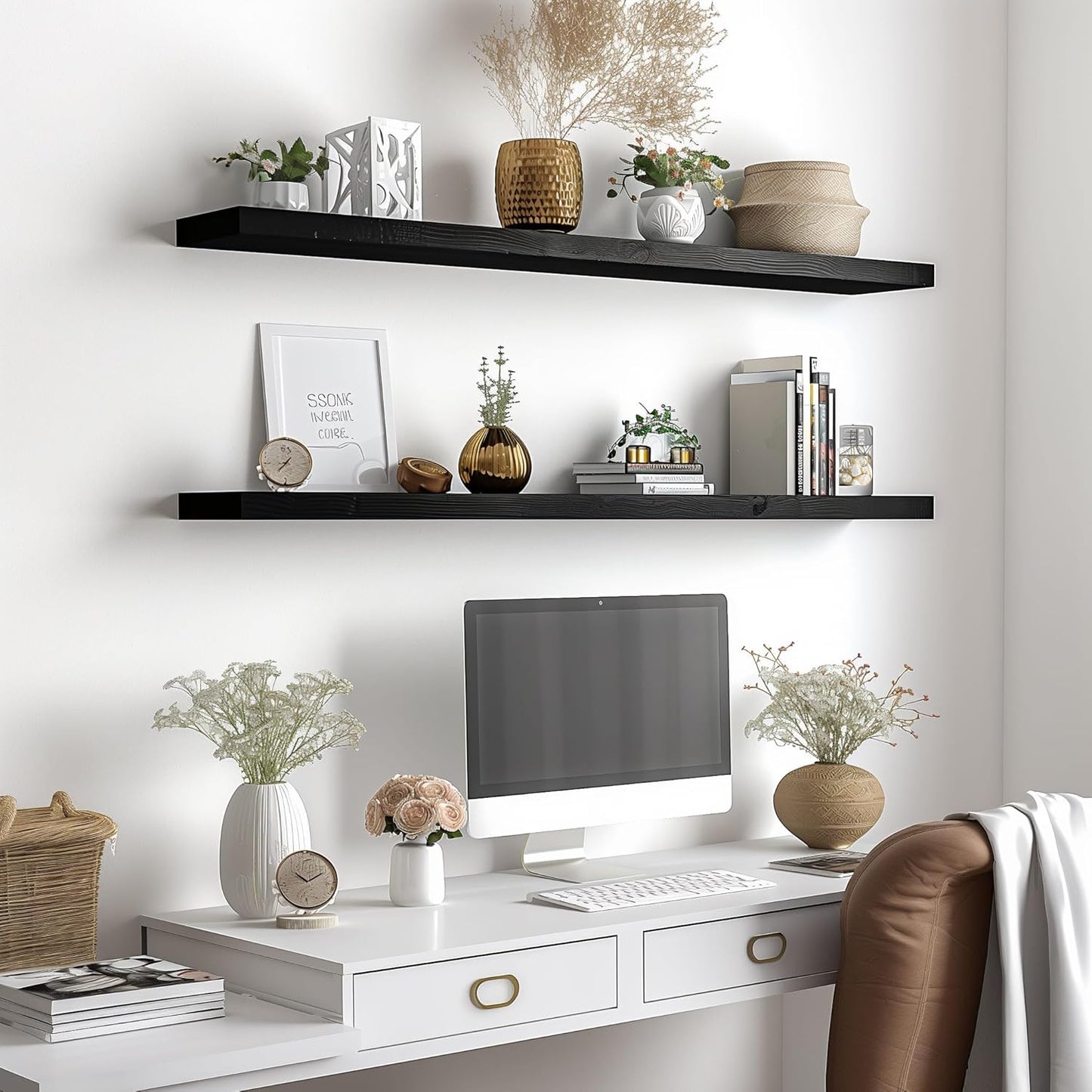 Wood Floating Shelves for Wall Decor, Rustic Wall Shelves for Bedroom Bathroom Kitchen Living Room, Set of 4 Black 48 Inch - NestledHome