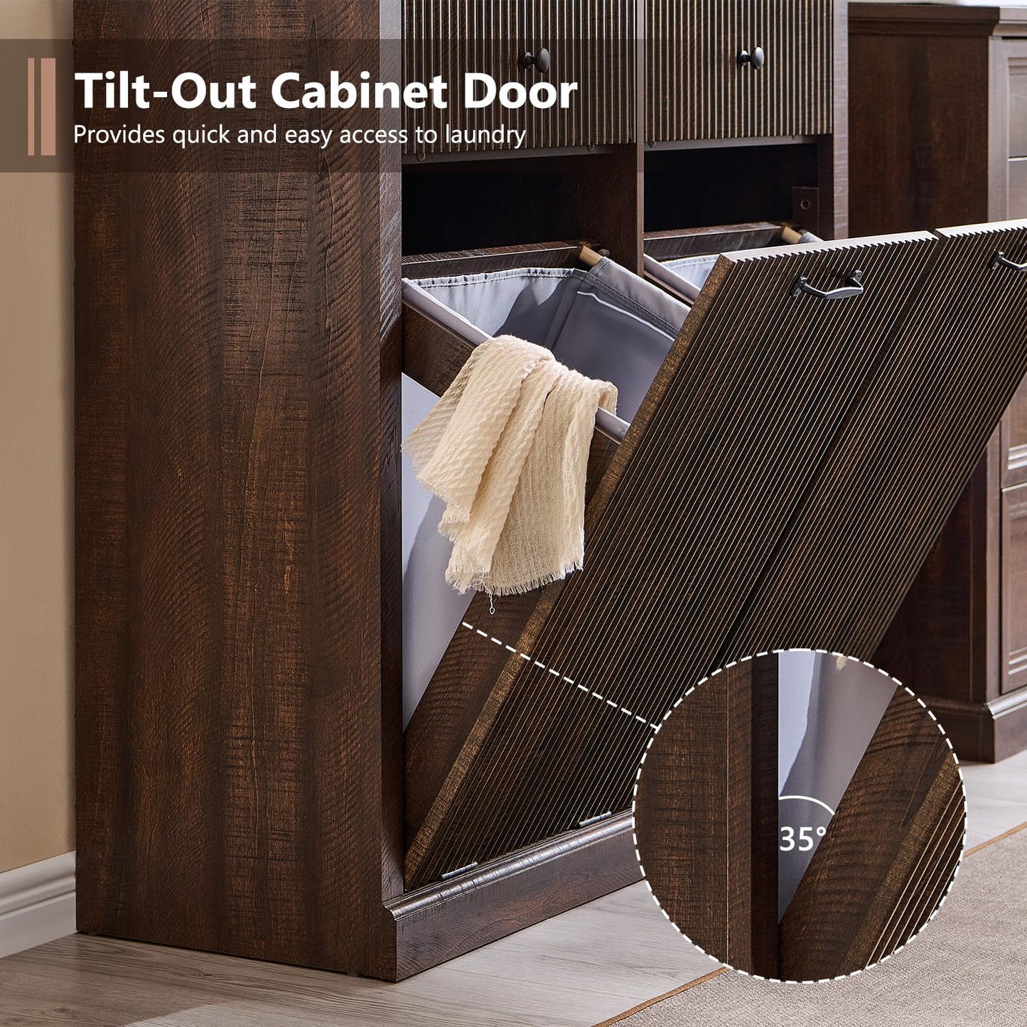 Modern Double Tilt-Out Trash Cabinet, 20 Gallon Fluted Laundry Hamper Cabinet with 2 Drawers, Wooden Hidden Garbage Can Cabinet w/Storage Basket,Free Standing for Kitchen & Living Room, Brown - NestledHome