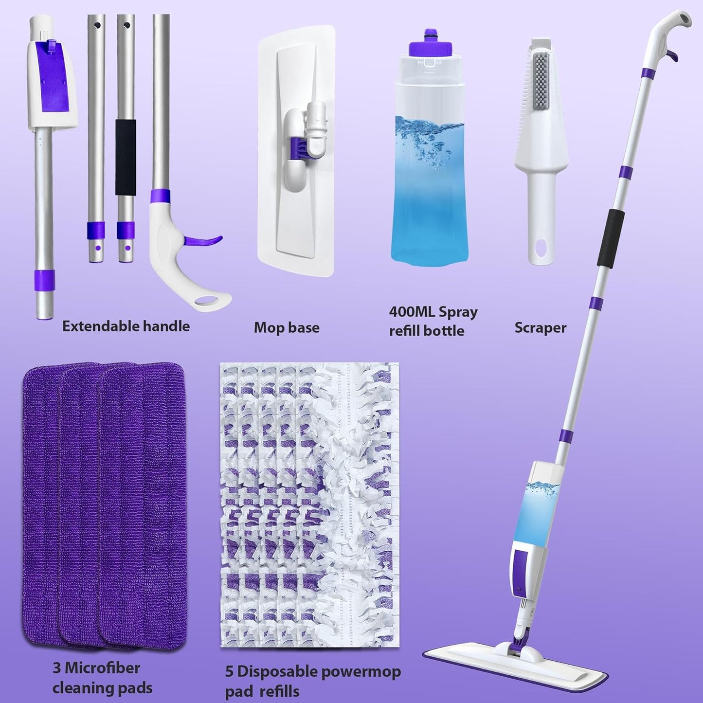 Spray Mop for Floor Cleaning with 60" Extension Handle, Dry/Wet Mop with 14oz Refillable Bottle, 3 Washable Pads&5 Disposable Refills for Hardwood Laminate Tile Floor Dust Cleaning. - NestledHome