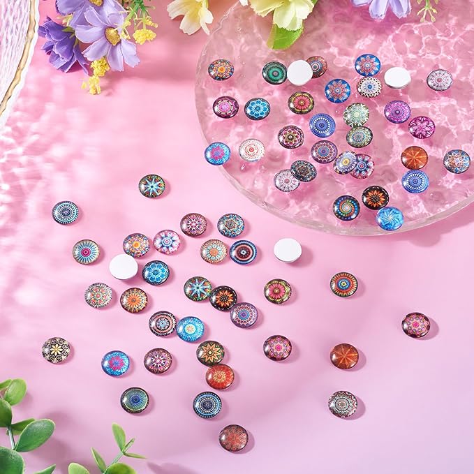 Craftora 100Pcs Flower Printed Glass Cabochons for Jewelry Making, Mixed Color Half Round Cameo Dome Tiles Mosaic Printed Flatback Dome Cabochons for Photo Cameo Pendant Scrapbooking DIY Crafts