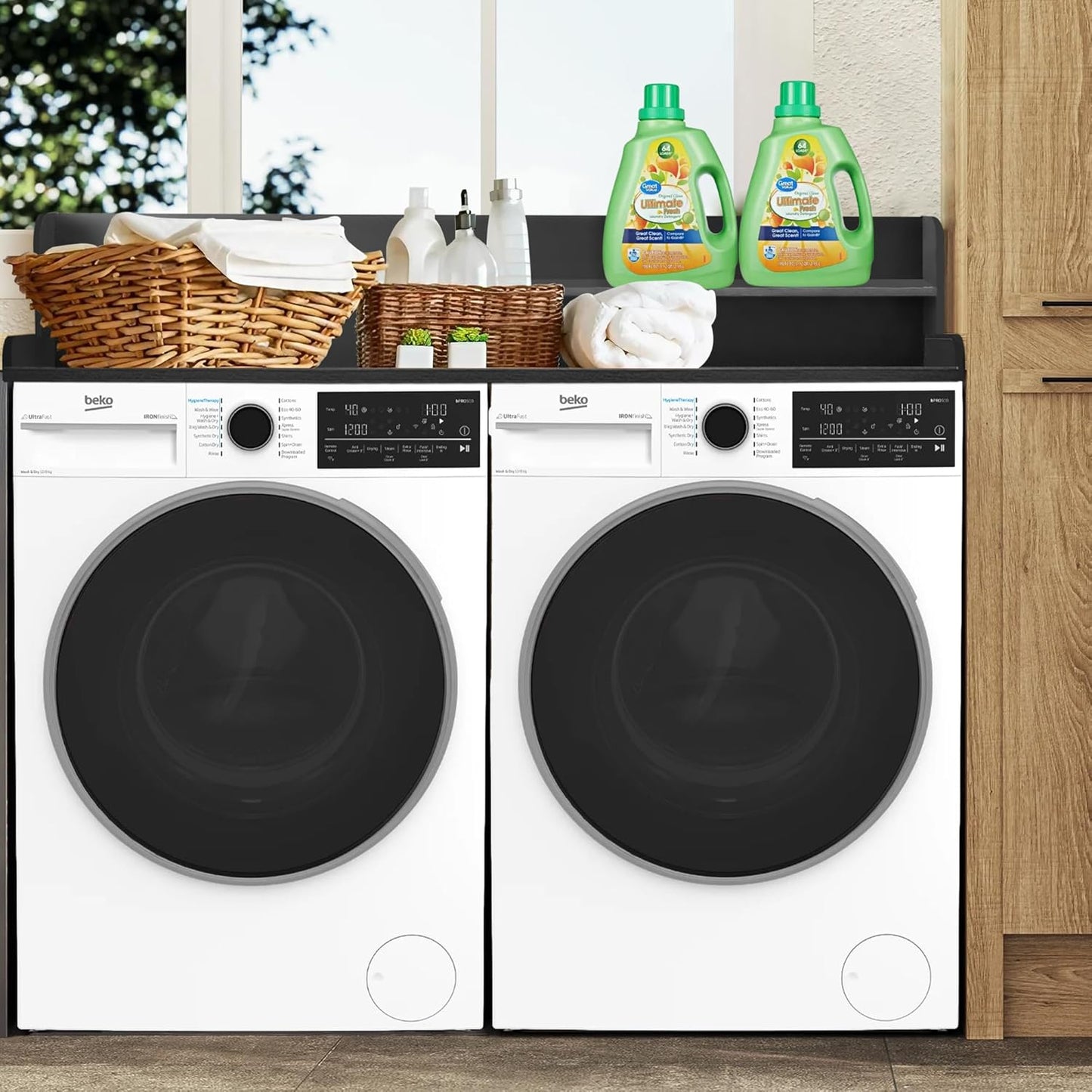 Royxen Laundry Countertop with 2-Tier Shelf Universal Fit, Washer and Dryer Countertop with Storage Space, Shelf Height 11.5 Inches, Solid Wood, Black - NestledHome