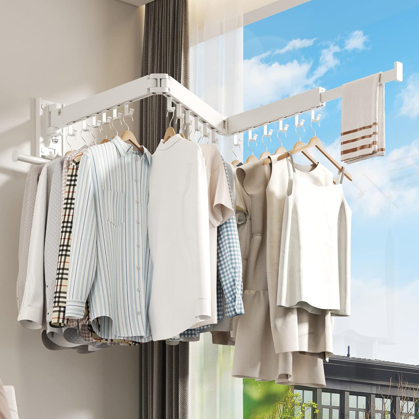 Wall Mounted Clothes Hanger Rack, Clothes Drying Rack,Laundry Drying Rack,Collapsible Clothes Rack Wall Mount, Retractable Drying Rack Clothing,can Fold Upward & Left & Right,White Color - NestledHome