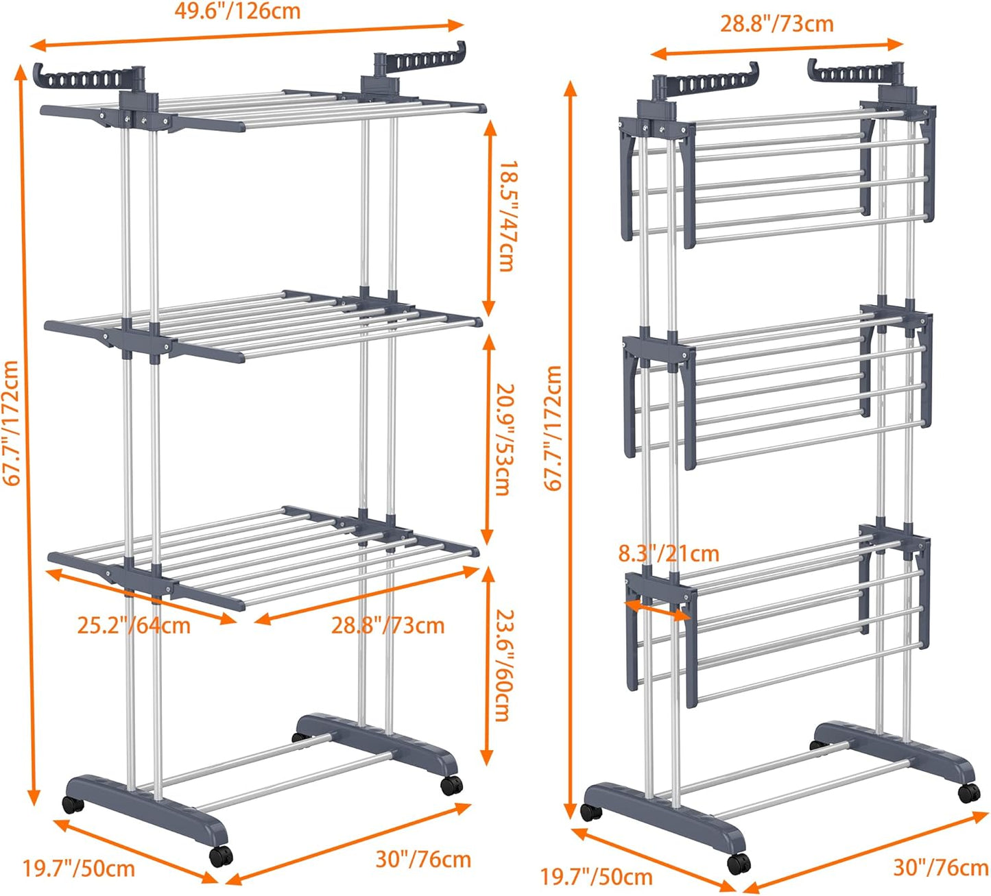 HOMIDEC Clothes Drying Rack, Oversized 4-Tier(67.7" High) Foldable Stainless Steel Drying Rack Clothing, Movable Drying Rack with 4 castors, 24 Drying Poles and 14 Hooks for Bed Linen, Clothing, Grey - NestledHome