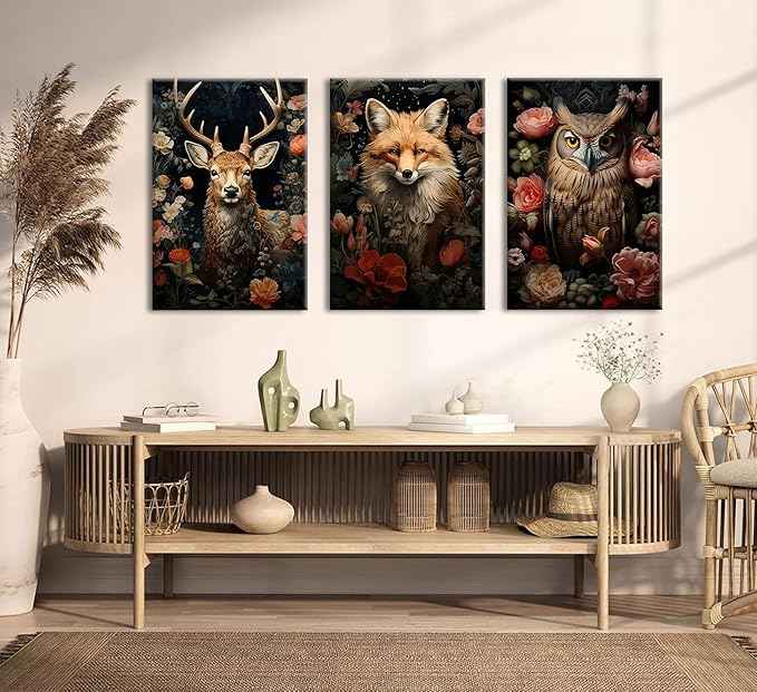 Magical Forest Animal Canvas Wall Art Flowers And Wild Animals Prints Wall Decor Dark Cottagecore Posters Gothic Vintage Botanical Floral Painting Picture Nature Room Decor Bedroom Decoration Framed