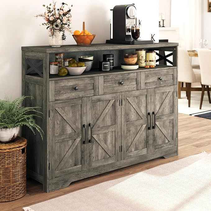 Farmhouse Buffet Cabinet with Drawers, Sideboard with Storage, Kitchen Pantry Cabinet Hutch, Wood Coffee Bar Station for Kitchen, Livingroom, 52" L Rustic Grey