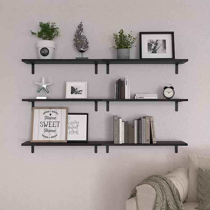 WOPITUES Wood Floating Shelves Set of 6, 24 inch Long Floating Shelves for Wall Decor, Farmhouse Shelf for Bedroom, Bathroom Storage Shelves, Book Shelves for Living Room - Black