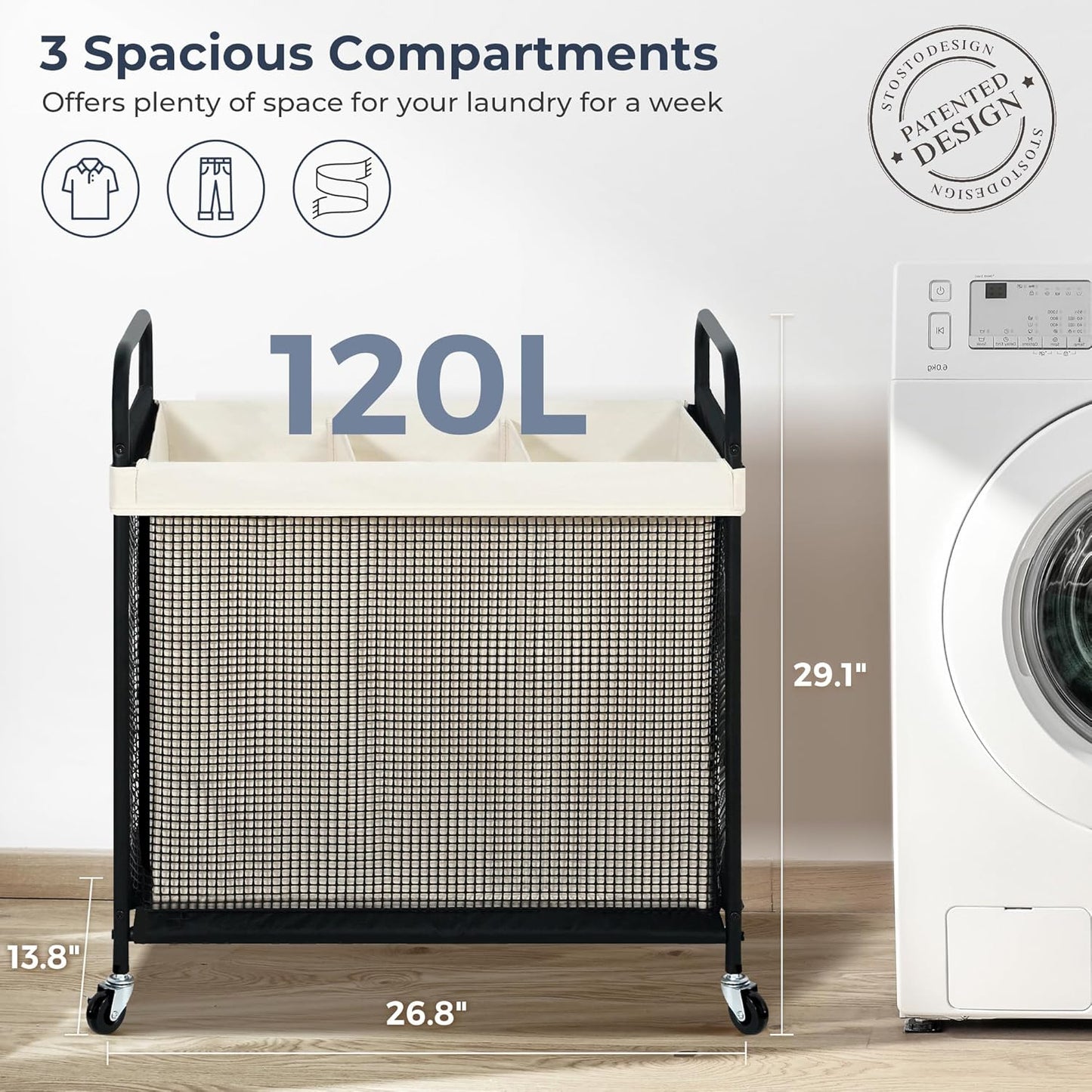 STO STO Laundry Hamper 3 Section, 120L Rolling Laundry Sorter Cart with Removable and Washable Liner Bag, Rolling Clothes Hamper with Metal Handle for Laundry Room and Bedroom - NestledHome