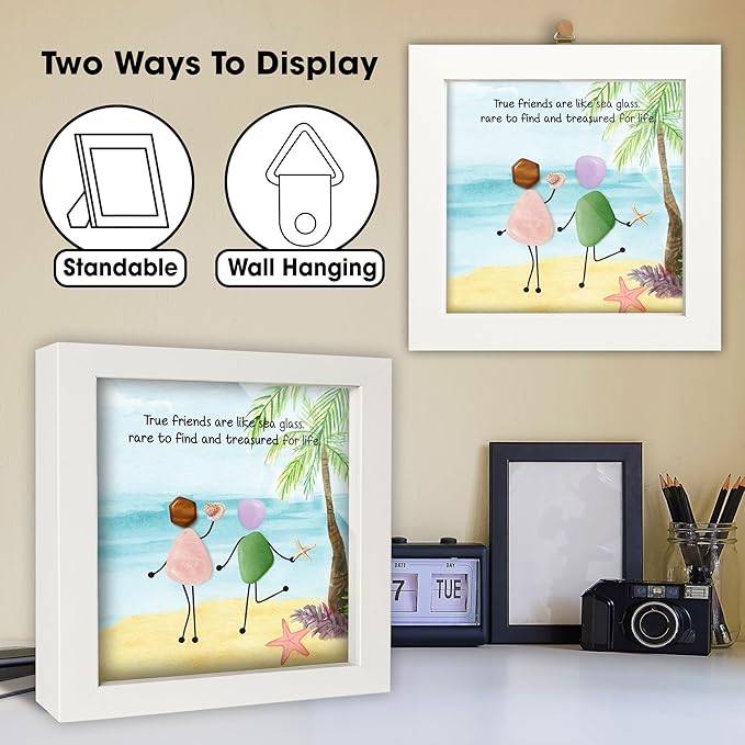 Friendship Birthday Gifts for Women, 4.7" Sea Glass Art Frame Best Friend Wall Art Decor, Engraved Bestie Keychain, Thank You Card, Appreciation Presents for Her Sisters, Friends, BFF, Besties S94-47