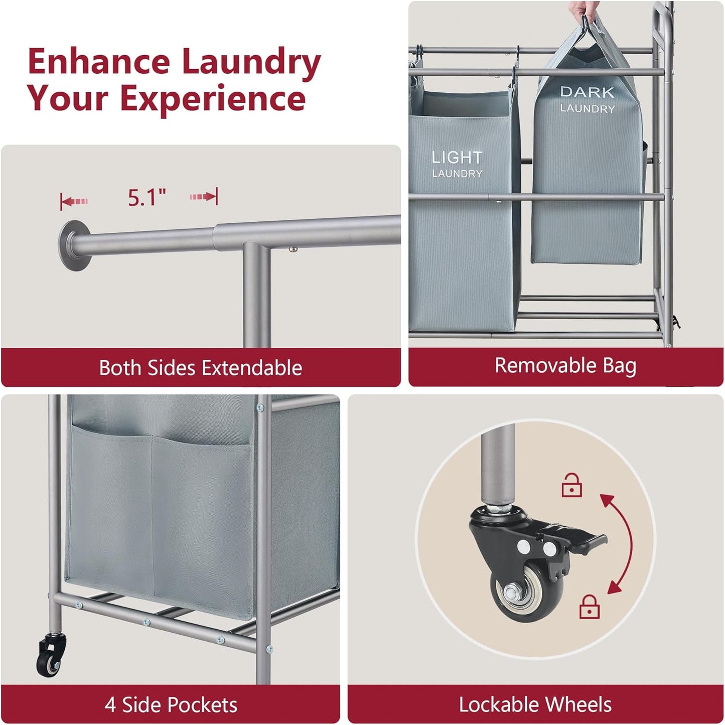 Tajsoon Laundry Sorter with Hanging Bar, 4 Section Rolling Laundry Hamper with Heavy Duty Lockable Wheels, Laundry Sorter Cart for Bathroom & Bedroom, Gray - NestledHome