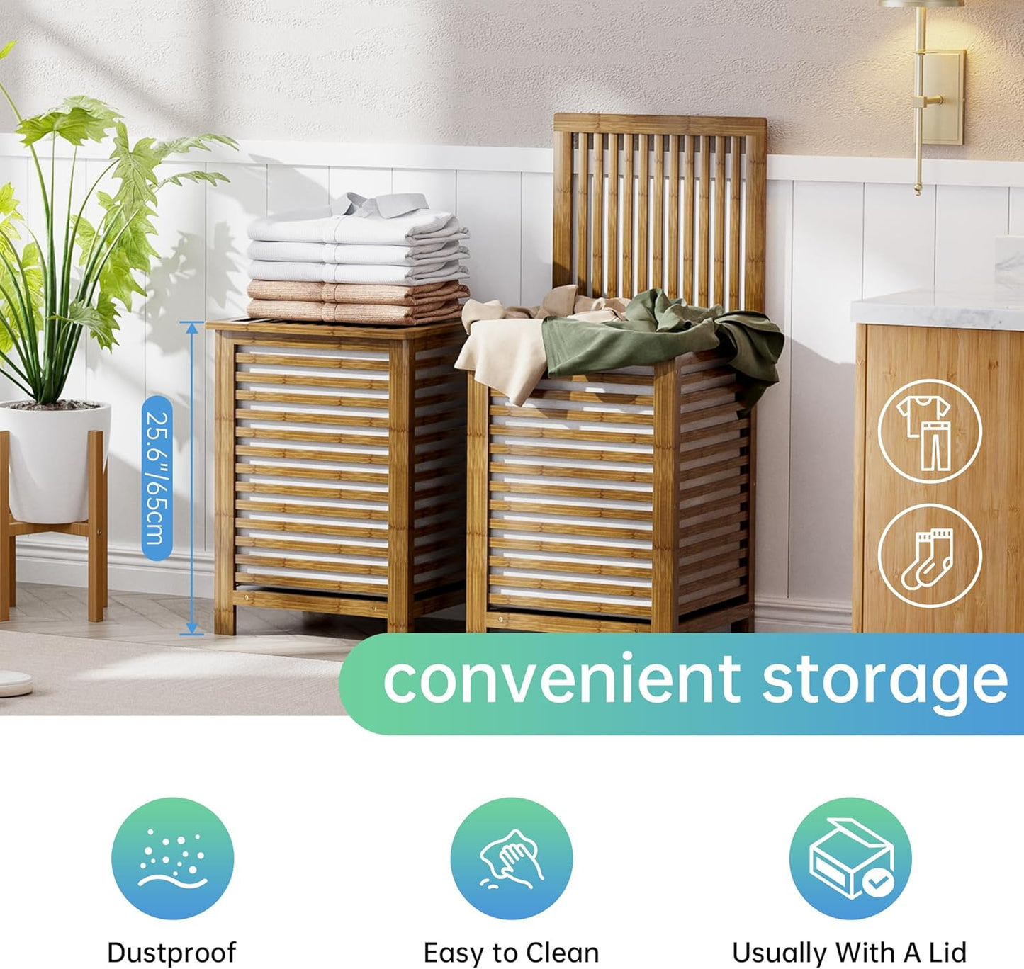 SMIBUY Double Laundry Hamper with Lid, 120L Bamboo Laundry Basket with Removable Liner Bag, 2-Section Clothes Divider Laundry Sorter for Laundry Room, Bathroom, Bedroom (Walnut) - NestledHome
